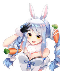 Rule 34 | 1girl, animal ear fluff, animal ears, arm up, bare shoulders, black gloves, blue hair, blush, braid, breasts, carrot, carrot hair ornament, cleavage, commentary request, eyebrows, food-themed hair ornament, fromchawen, gloves, hair ornament, hololive, long braid, long hair, looking at viewer, multicolored hair, open mouth, puffy short sleeves, puffy sleeves, rabbit ears, rabbit girl, scarf, short sleeves, smile, solo, teeth, thick eyebrows, twin braids, two-tone hair, upper body, upper teeth only, usada pekora, usada pekora (1st costume), virtual youtuber, w, white background, white hair