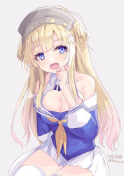 Rule 34 | 1girl, absurdres, blonde hair, blue eyes, blue shirt, breasts, cleavage, double bun, fletcher (kancolle), gradient background, grey background, hair bun, hair ornament, hairband, highres, hizaka, kantai collection, large breasts, long hair, looking at viewer, neckerchief, off shoulder, open mouth, sailor collar, school uniform, serafuku, shirt, sitting, skirt, smile, solo, star (symbol), star hair ornament, thighhighs, united states medal of honor, white sailor collar, white skirt, white thighhighs, yellow neckerchief