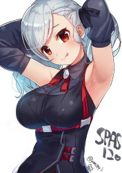 Rule 34 | 1girl, :q, absurdres, armpits, arms behind back, arms up, bare shoulders, belt, black shirt, blush, braid, breasts, character name, closed mouth, collared shirt, commentary request, detached sleeves, french braid, girls&#039; frontline, head tilt, highres, large breasts, long hair, long sleeves, looking at viewer, neck ribbon, red eyes, red ribbon, ribbon, shirt, sidelocks, silver hair, simple background, solo, spas-12 (girls&#039; frontline), swept bangs, tongue, tongue out, twintails, twitter username, upper body, white background, wide sleeves, yamacchi