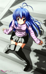 Rule 34 | 1girl, antenna hair, blue hair, boots, highres, long hair, non-web source, red eyes, shirt, sitting, sitting on stairs, skirt, solo, stairs, striped clothes, striped shirt, sugimura tomokazu, thigh boots, thighhighs, zettai ryouiki