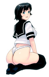 Rule 34 | 1girl, ass, bad id, bad pixiv id, black hair, black thighhighs, blue eyes, from behind, full body, fundoshi, japanese clothes, kouno (masao), looking at viewer, looking back, open mouth, original, school uniform, seiza, serafuku, short hair, simple background, sitting, smile, soles, solo, thighhighs, white background