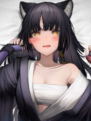 Rule 34 | 1girl, @ @, absurdres, animal ears, arknights, bed sheet, black hair, black kimono, blunt bangs, blush, breasts, chest sarashi, cleavage, collarbone, commentary, dog ears, embarrassed, facial mark, fang, fingerless gloves, forehead mark, gloves, highres, japanese clothes, kimono, long hair, looking at viewer, lying, on back, open mouth, saga (arknights), sarashi, single bare shoulder, skin fang, small breasts, solo, sweat, tab head, upper body, yellow eyes