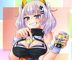Rule 34 | 1girl, aotori, bare shoulders, between breasts, black dress, blue eyes, blush, breasts, can, cleavage, cleavage cutout, clothing cutout, color connection, dress, eyebrows, eyelashes, fang, fingernails, grin, hair ornament, hairclip, holding, holding can, kaguya luna, large breasts, long hair, looking at viewer, multicolored background, obi, raised eyebrow, ribbon, sash, silver hair, sleeveless, sleeveless dress, smile, solo, striped ribbon, teeth, the moon studio, thighhighs, tsurime, turtleneck, twintails, upper body, vertical stripes, virtual youtuber, water, wet, wristband, x hair ornament, zettai ryouiki