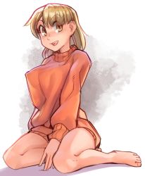 Rule 34 | 1girl, alternate costume, ashley graham, barefoot, blonde hair, blush, bottomless, breasts, brown eyes, feet, female focus, full body, happy, jaggy lines, large breasts, light blush, long sleeves, looking at viewer, no bra, open mouth, orange sweater, resident evil, resident evil 4, see-through, short hair, simple background, sitting, smile, solo, sweater, teeth, thighs, wamudraws, white background, yokozuwari