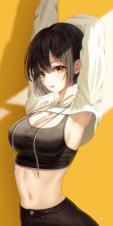 Rule 34 | 1girl, absurdres, arms up, black hair, black pants, blush, bobmond (artist), breasts, cleavage, commentary, cowboy shot, drawstring, hair between eyes, highres, jewelry, large breasts, light, long sleeves, looking at viewer, mole, mole under eye, navel, necklace, original, pants, parted lips, short hair, shrug (clothing), simple background, smile, solo, sports bra, stomach, stretching, symbol-only commentary, yellow background, yellow eyes