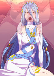 Rule 34 | azura (fire emblem), blue hair, breasts, censored, dress, fellatio, fire emblem, fire emblem fates, highres, jewelry, long hair, looking at viewer, necklace, nintendo, open mouth, oral, small breasts, veil, yellow eyes, yuguraniru