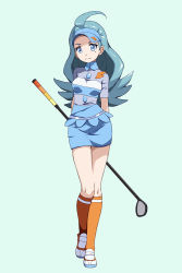 Rule 34 | 1girl, ahoge, arms behind back, blue eyes, blue hair, blue hat, blue skirt, breasts, closed mouth, collared shirt, commentary, creatures (company), frown, full body, game freak, golf club, hat, head tilt, holding, holding golf club, kahili (pokemon), blue background, looking at viewer, mole, mole under eye, nintendo, orange socks, pokemon, pokemon sm, shirt, short sleeves, simple background, skirt, small breasts, socks, solo, standing, striped clothes, striped shirt, tsukishiro saika, visor cap