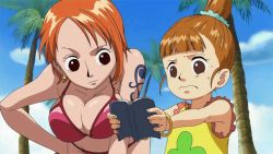 Rule 34 | 2girls, age difference, animated, animated gif, armpits, bent over, bikini, black eyes, blunt bangs, book, bouncing breasts, bracelet, breasts, brown eyes, brown hair, child, cleavage, cloud, day, earrings, flat chest, frills, frown, hand on own hip, high ponytail, inoue eisaku, jewelry, large breasts, lina (one piece), multiple girls, nami (one piece), one piece, open book, orange hair, outdoors, outstretched arms, palm tree, parted bangs, ponytail, reading, scrunchie, short hair, sideboob, sky, sleeveless, sweat, swimsuit, tattoo, tree, upper body