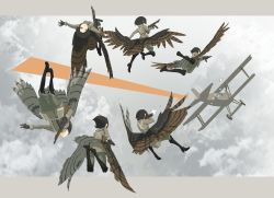 Rule 34 | 1girl, aircraft, airplane, arrow (symbol), asterisk kome, black footwear, boots, cloud, firing, flying, gloves, gun, highres, holding, holding gun, holding weapon, jacket, long sleeves, low wings, military, military uniform, pants, short hair, sky, submachine gun, uniform, weapon, winged fusiliers, wings