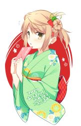 Rule 34 | &gt;:o, 10s, 1girl, 2017, :o, blonde hair, blush, brown hair, double bun, envelope, floral print, flower, hair bun, hair flower, hair ornament, holding, holding paper, japanese clothes, kantai collection, kimono, looking at viewer, michishio (kancolle), new year, open mouth, otoshidama, paper, print kimono, shirogane rio (artist), short twintails, simple background, solo, text focus, translation request, twintails, v-shaped eyebrows, white background, yellow eyes