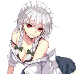 Rule 34 | 1girl, albino, aosaki yukina, bare shoulders, black bra, blue skirt, bow, bra, braid, breasts, cleavage, collarbone, green bow, hair between eyes, hair bow, izayoi sakuya, lips, looking at viewer, maid headdress, off shoulder, puffy short sleeves, puffy sleeves, red eyes, shirt, short sleeves, silver hair, simple background, skirt, smile, solo, strap slip, touhou, twin braids, unbuttoned, unbuttoned shirt, underwear, white background, white shirt