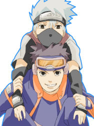 Rule 34 | 2boys, blue jacket, forehead protector, goggles, goggles on head, grey hair, grin, hatake kakashi, jacket, konohagakure symbol, looking at viewer, male focus, mask, mouth mask, multiple boys, naruto (series), naruto shippuuden, shinano, short hair, simple background, smile, spiked hair, teeth, uchiha obito, white background, aged down