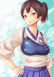 Rule 34 | 10s, 1girl, arios (orochi yuta), breasts, brown eyes, brown hair, hand on own hip, kaga (kancolle), kantai collection, looking at viewer, muneate, parted lips, side ponytail, solo, tasuki
