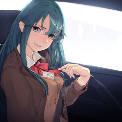 Rule 34 | 1girl, blazer, blue hair, blush, bow, bowtie, breasts, brown jacket, brown sweater vest, clenched teeth, collared shirt, commentary, fuwafuwatoufu, green eyes, hair between eyes, hair ornament, hairclip, highres, jacket, kantai collection, long hair, long sleeves, looking at viewer, red bow, red bowtie, school uniform, seat, seatbelt, shirt, sitting, solo, suzuya (kancolle), sweat, sweater vest, symbol-only commentary, teeth, upper body, vehicle interior, white shirt