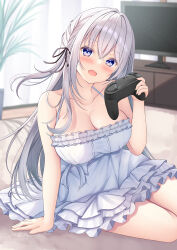 Rule 34 | 1girl, absurdres, arm support, bare arms, blurry, blurry background, blush, breasts, carpet, cleavage, collarbone, commentary request, controller, crossed bangs, curtains, dress, fang, game controller, grey hair, hair between eyes, hair ribbon, hanonokusa, head tilt, highres, holding, holding controller, holding game controller, indoors, large breasts, living room, long hair, looking at viewer, open mouth, original, plant, potted plant, purple eyes, ribbon, sidelocks, sitting, smile, solo, television, white dress