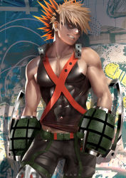 Rule 34 | 10s, 1boy, abs, arms at sides, artist name, bakugou katsuki, bare arms, bare shoulders, belt, black camisole, black pants, blonde hair, boku no hero academia, camisole, collarbone, cowboy shot, domino mask, explosive, garter belt, garter straps, gauntlets, graffiti, grenade, grin, half-closed eyes, head tilt, impossible clothes, lips, looking at viewer, male focus, mask, pants, pectorals, red hair, shiny clothes, short hair, skin tight, smile, solo, spiked hair, standing, teeth, toned, toned male, wall, weapon, zumi (zumidraws)