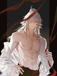 Rule 34 | 1boy, abs, black border, border, brown background, brown pants, grey background, hair over one eye, half updo, highres, honkai: star rail, honkai (series), jing yuan, long hair, male focus, multicolored background, muscular, muscular male, necktie, one eye covered, open clothes, open shirt, pants, rando-s, red necktie, removing necktie, shirt, shirt partially removed, solo, white hair, white shirt, yellow eyes