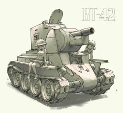 Rule 34 | 10s, 3girls, aki (girls und panzer), bt-42, cannon, character request, closed eyes, closed mouth, commentary, emblem, english commentary, girls und panzer, grey background, greyscale, hat, jacket, keizoku (emblem), keizoku military uniform, long sleeves, looking at another, low twintails, mika (girls und panzer), mikko (girls und panzer), military, military vehicle, monochrome, motor vehicle, multiple girls, pas (paxiti), peeking out, shoes, simple background, sitting, smile, tank, twintails