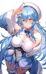 Rule 34 | 1girl, ahoge, bare shoulders, beret, blue hair, breasts, cleavage, cleavage cutout, closed mouth, clothing cutout, crossed bangs, hair between eyes, hair ornament, half updo, hand up, hat, highres, hololive, kakage, large breasts, long hair, long sleeves, multicolored hair, pointy ears, simple background, solo, streaked hair, thighs, very long hair, virtual youtuber, white background, white hat, yellow eyes, yukihana lamy