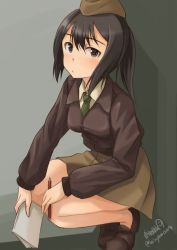 Rule 34 | 1girl, artist name, brown eyes, brown footwear, brown hair, brown hat, brown jacket, brown necktie, brown skirt, closed mouth, commentary request, dress shirt, garrison cap, geena preddy, grey background, haruhata mutsuki, hat, jacket, loafers, looking at viewer, military hat, miniskirt, necktie, noble witches, noteboody, pencil, shirt, shoes, short hair, signature, simple background, skirt, solo, squatting, twitter username, white shirt, wing collar, world witches series