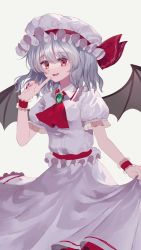 Rule 34 | 1girl, ascot, bad id, bad twitter id, bat wings, belt, breasts, collar, collared dress, dress, eyes visible through hair, gem, grey hair, hair between eyes, hand up, hat, hat ribbon, highres, jewelry, looking at viewer, medium breasts, mob cap, open mouth, piyo (sqn2idm751), puffy short sleeves, puffy sleeves, red ascot, red belt, red eyes, red ribbon, remilia scarlet, ribbon, short hair, short sleeves, simple background, smile, solo, standing, touhou, white dress, white hat, wings, wrist cuffs, yellow background