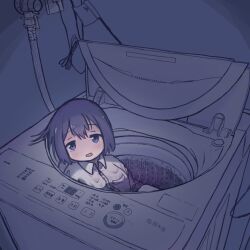 Rule 34 | 1girl, black hair, blue eyes, collared shirt, commentary, dim lighting, highres, in washing machine, indoors, industrial pipe, looking at viewer, open mouth, original, partially submerged, shirt, short hair, sitting, solo, upper body, washing machine, white shirt, wire, zatsuplot