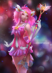 Rule 34 | 1girl, ahoge, alternate costume, cglas, choker, elbow gloves, gloves, headband, league of legends, looking at viewer, lux (league of legends), pink hair, pink skirt, red eyes, skirt, solo, standing, star guardian (league of legends), star guardian lux, thighhighs, wand, watermark, web address, white gloves