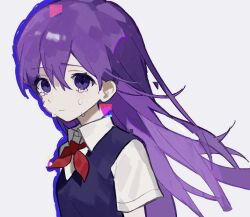 Rule 34 | 1girl, blue vest, breasts, closed mouth, collared shirt, crying, crying with eyes open, gelato1014, hair between eyes, long hair, mari (headspace) (omori), mari (omori), neckerchief, omori, purple eyes, purple hair, red neckerchief, sad smile, shirt, simple background, small breasts, smile, solo, tears, vest, white background, white shirt
