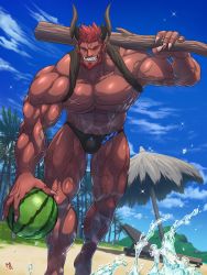 Rule 34 | 1boy, abs, bara, bare pectorals, beard, black male swimwear, black swim briefs, bulge, character request, clothes lift, copyright request, dark-skinned male, dark skin, day, demon horns, facial hair, fangs, feet out of frame, fingernails, food, fruit, highres, horns, large pectorals, male focus, male swimwear, monster boy, muscular, muscular male, musou luf, navel, navel hair, nipples, outdoors, over shoulder, pectorals, print male swimwear, print swim briefs, print swimsuit, scar, scar on chest, sharp fingernails, shirt behind neck, shirt lift, short hair, sky, smile, solo, splashing, stick, stomach, swim briefs, swimsuit, thick thighs, thighs, veins, water, watermelon, weapon, weapon over shoulder, wood