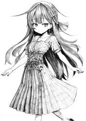 Rule 34 | 1girl, absurdres, ahoge, akatsuki (kancolle), alternate costume, dress, feet out of frame, graphite (medium), hair ornament, hairclip, highres, kantai collection, long hair, monochrome, outstretched arms, pleated dress, smile, solo, traditional media, tsuji kazuho