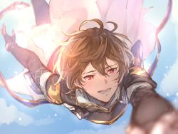 Rule 34 | 1boy, armor, brown hair, djeeta (granblue fantasy), fingerless gloves, gloves, granblue fantasy, holding hands, hood, male focus, mire eeeei, open mouth, out of frame, outstretched hand, red eyes, sandalphon (granblue fantasy), short hair, smile