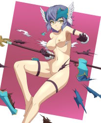 Rule 34 | 1girl, absurdres, breasts, clam curry, cleft of venus, highres, nude, purple eyes, pussy, short hair, staff (weapon), yellow eyes