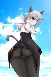 Rule 34 | 1girl, animal ears, ass, blush, brown eyes, cat ears, cat tail, from behind, looking at viewer, looking back, pantyhose, pleated skirt, sanya v. litvyak, school uniform, serafuku, shiny clothes, silver hair, skirt, sky, solo, strike witches, tail, tk (butakuma), underwear, world witches series