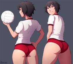 Rule 34 | 1girl, artist name, ass, ball, black hair, buruma, grey background, gym uniform, hand on own hip, holding, holding ball, looking at viewer, looking back, original, playing sports, red buruma, red eyes, shirt, short hair, short sleeves, smile, solo, thighs, volleyball, volleyball (object), white shirt, zoryc