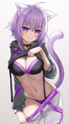 Rule 34 | 1girl, :3, ahoge, animal ear fluff, animal ears, bikini, bikini under clothes, black bikini, blush, breasts, cat ears, cat girl, cat tail, cleavage, closed mouth, clothes lift, clothes pull, collar, commentary request, cowboy shot, fang, fang out, gradient background, grey background, highres, hololive, hood, hood down, hoodie, hoodie lift, large breasts, lifted by self, long sleeves, looking at viewer, navel, nekomata okayu, nekomata okayu (1st costume), pants, pants pull, pulled by self, purple eyes, purple hair, short hair, signature, smile, solo, stomach, swimsuit, tail, virtual youtuber, white pants, z.m. (zimin)