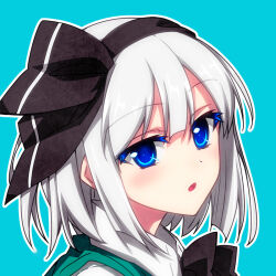 Rule 34 | 1girl, :o, aqua background, black hairband, black ribbon, blue eyes, blush, close-up, collared shirt, colored eyelashes, commentary request, expressionless, green vest, hair ribbon, hairband, konpaku youmu, looking at viewer, outline, parted lips, portrait, ribbon, sazanami mio, shirt, short hair, simple background, solo, touhou, turning head, vest, white hair, white outline, white shirt