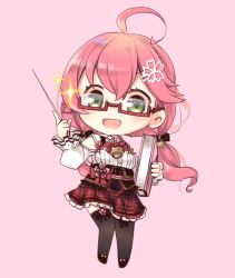 Rule 34 | 1girl, ahoge, black thighhighs, book, chibi, full body, glasses, green eyes, hair ornament, hairclip, highres, holding, holding book, holding pointer, hololive, looking at viewer, nanamikaze, no headwear, official alternate costume, pink background, pink hair, pointer, sakura miko, sakura miko (casual), solo, sparkle, thighhighs, virtual youtuber