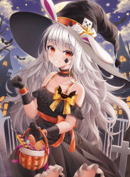 Rule 34 | 1girl, absurdres, animal, animal ears, bare shoulders, bat (animal), black dress, black gloves, black hat, blush, candy, card, cloud, cloudy sky, collarbone, commentary request, cross, day, dress, facial mark, fake animal ears, flower, food, frilled dress, frills, full moon, gloves, grin, halloween, halloween bucket, hat, hat flower, heart, highres, holding, ichizon, latin cross, lollipop, long hair, looking at viewer, moon, night, night sky, off-shoulder dress, off shoulder, original, outdoors, playing card, rabbit ears, red eyes, rose, sky, smile, solo, spade (shape), star (symbol), swirl lollipop, very long hair, white flower, white hair, white rose, witch hat