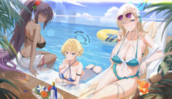 Rule 34 | 3girls, absurdres, ass, asuna (blue archive), beach chair, black hair, blonde hair, blue archive, blue eyes, blue halo, blue sky, bottle, breasts, butt crack, cleavage, closed mouth, cloud, day, flower, grin, hair flower, hair ornament, halo, highres, huge breasts, innertube, kakumayu, karin (blue archive), large breasts, light brown hair, looking at viewer, multiple girls, outdoors, partially submerged, ponytail, pool, sitting, sky, smile, sunglasses, swim ring, toki (blue archive), tray, water