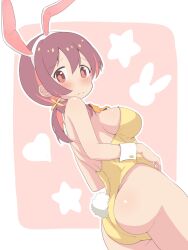 Rule 34 | 1girl, animal ears, ass, bare shoulders, blush, bow, bowtie, breasts, brown eyes, brown hair, fake animal ears, hair ornament, hands on own stomach, highres, large breasts, leotard, long hair, looking at viewer, looking back, low twintails, murosaki miyo, onii-chan wa oshimai!, playboy bunny, rabbit ears, rabbit tail, sideboob, solo, tail, twintails, unkimo, wrist cuffs