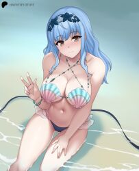 Rule 34 | 1girl, artist name, bare shoulders, beach, blue hair, breasts, brown eyes, cleavage, closed mouth, collarbone, female focus, fire emblem, fire emblem: three houses, hairband, hayato stuff, highres, large breasts, light blue hair, light blush, long hair, looking at viewer, marianne von edmund, navel, nintendo, ocean, outdoors, shell, shell bikini, sidelocks, sitting, smile, solo, stomach, thighs, v, water