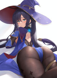 Rule 34 | 1girl, :o, aqua eyes, ass, black hair, black pantyhose, blue hat, blue leotard, blush, earrings, from behind, futon fly away, genshin impact, hair ornament, hat, highres, jewelry, large hat, leotard, long hair, looking at viewer, looking back, lying, mona (genshin impact), on stomach, open mouth, pantyhose, solo, star (symbol), star earrings, thighlet, thighs, twintails, very long hair, vision (genshin impact), witch hat