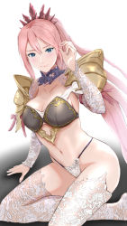 Rule 34 | 1girl, arm up, armor, bikini, bikini armor, blue eyes, breasts, cleavage, highres, large breasts, looking at viewer, navel, pink hair, ponytail, revealing clothes, riteral, seiza, shionne (tales), shoulder armor, sitting, solo, swimsuit, tales of (series), tales of arise, thighhighs, thighs, thong bikini, white thighhighs