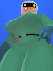 Rule 34 | 1girl, belt, belt pouch, blue background, breasts, commentary request, cowboy shot, disgust, from below, gloves, green gloves, helmet, highres, large breasts, latex, latex gloves, looking down, mirai shounen conan, monsley (mirai shounen conan), nostrils, orange hair, pouch, simple background, solo, thick thighs, thighs, uncode r, uniform, white helmet, wide hips, wrinkled fabric