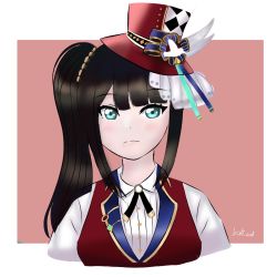 Rule 34 | 1girl, alternate hairstyle, artist name, artist request, back ribbon, black corset, black gloves, black hair, black neckerchief, blue bow, blunt bangs, bow, breasts, buttons, collared shirt, corset, dia&#039;s illusion (love live!), double horizontal stripe, dress, dress shirt, earrings, elbow sleeves, female focus, flower, gem, gloves, green eyes, hair ornament, hairclip, hairpin, hat, hat bow, hat feather, heart, heart (symbol), heart print, high ponytail, highres, jewelry, kurosawa dia, long hair, looking at viewer, love live!, love live! school idol festival, love live! school idol festival all stars, love live! sunshine!!, medium breasts, mole, mole under mouth, neckerchief, pearl (gemstone), pink background, ponytail, red hat, red vest, ribbon, shirt, solo, spade (shape), spade print, top hat, upper body, vest, white background, white shirt, wing collar, yellow ribbon