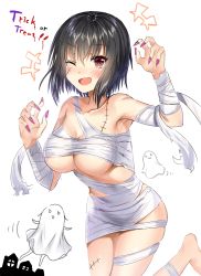 Rule 34 | +++, 1girl, :3, ;d, aldehyde, arm up, armpits, bandaged arm, bandages, bandages around chest, bare shoulders, barefoot, black hair, blush, breasts, chest sarashi, collarbone, commentary request, facial scar, fingernails, ghost, hair between eyes, halloween, highres, imoko (neeko&#039;s sister), large breasts, leaning forward, lipstick, long fingernails, looking at viewer, makeup, nail polish, naked bandage, one eye closed, open mouth, original, pink lips, pink nails, red eyes, sarashi, scar, scar on cheek, scar on face, short hair, simple background, skindentation, smile, solo, standing, standing on one leg, trick or treat, underboob, white background