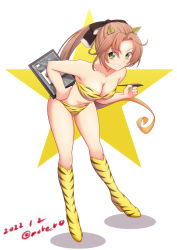 Rule 34 | 1girl, akigumo (kancolle), bikini, boots, breasts, brown hair, cleavage, commentary request, cone horns, cosplay, drawing tablet, full body, green eyes, grin, hair ribbon, horns, kantai collection, leaning forward, long hair, lum, lum (cosplay), medium breasts, moke ro, mole, mole under eye, ponytail, ribbon, simple background, smile, solo, star (symbol), strapless, strapless bikini, stylus, swimsuit, tiger stripes, urusei yatsura, white background, yellow bikini, yellow footwear