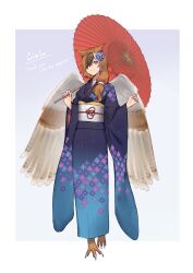 Rule 34 | 1girl, absurdres, animal feet, bird legs, bird wings, blue eyes, blue kimono, brown hair, brown wings, claws, closed mouth, commission, estelle (cieluscian), feathered wings, flower, full body, furisode, grey hair, hair flower, hair ornament, hair over one eye, hands up, harpy, highres, hiiragi (karashriker), holding, holding umbrella, japanese clothes, kimono, long hair, long sleeves, looking at viewer, low-tied long hair, monster girl, multicolored eyes, multicolored hair, obi, obiage, obijime, oil-paper umbrella, original, over shoulder, owl girl, purple background, purple eyes, purple flower, purple kimono, red umbrella, sash, second-party source, simple background, skeb commission, smile, solo, standing, streaked hair, thank you, umbrella, walking, wide sleeves, wings