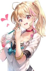 Rule 34 | .live, 1girl, ahoge, bad id, bad twitter id, blonde hair, bow, bowtie, bracelet, choker, cup, darjeeling (reley), disposable cup, drinking straw, earrings, fang, heart, holding, holding cup, jewelry, looking at viewer, loose bowtie, multicolored hair, nekonoki mochi, pink choker, pink eyes, shirt, short sleeves, side ponytail, simple background, smile, solo, streaked hair, unbuttoned, upper body, virtual youtuber, white background, white shirt