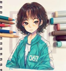 Rule 34 | absurdres, anny (yoai), aqua jacket, aqua shirt, arms at sides, artist name, black hair, blush, brown eyes, collarbone, colored pencil, colored pencil (medium), commentary, expressionless, freckles, hair intakes, highres, instagram username, jacket, kang sae-byeok, lips, long sleeves, looking at viewer, marker, marker (medium), medium hair, multicolored clothes, multicolored jacket, multicolored shirt, partially unzipped, pen, pencil, serious, shirt, sidelocks, squid game, traditional media, upper body, watermark, wavy hair, white jacket, white shirt
